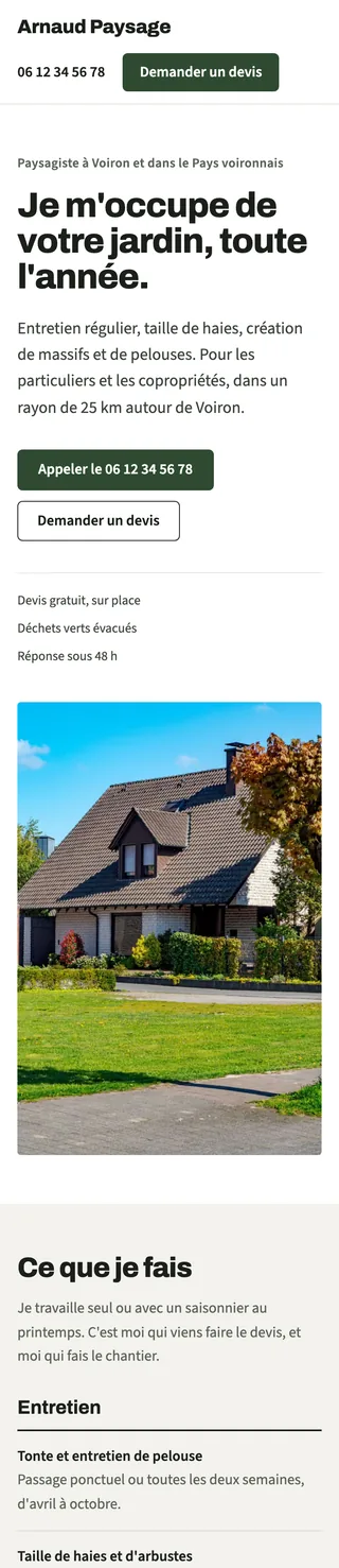 Site d'Arnaud Paysage – version mobile