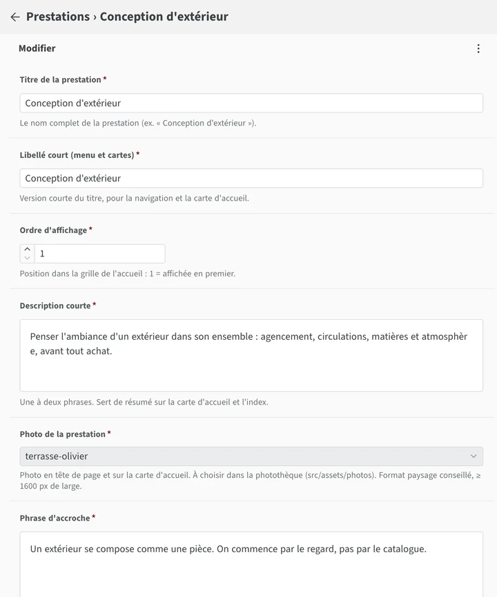 Formulaire du CMS : prestation Conception d'extérieur